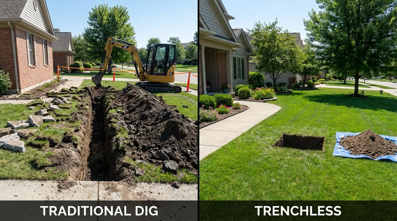 Trenchless sewer repair with minimal yard damage versus traditional excavation in Cochranton, PA