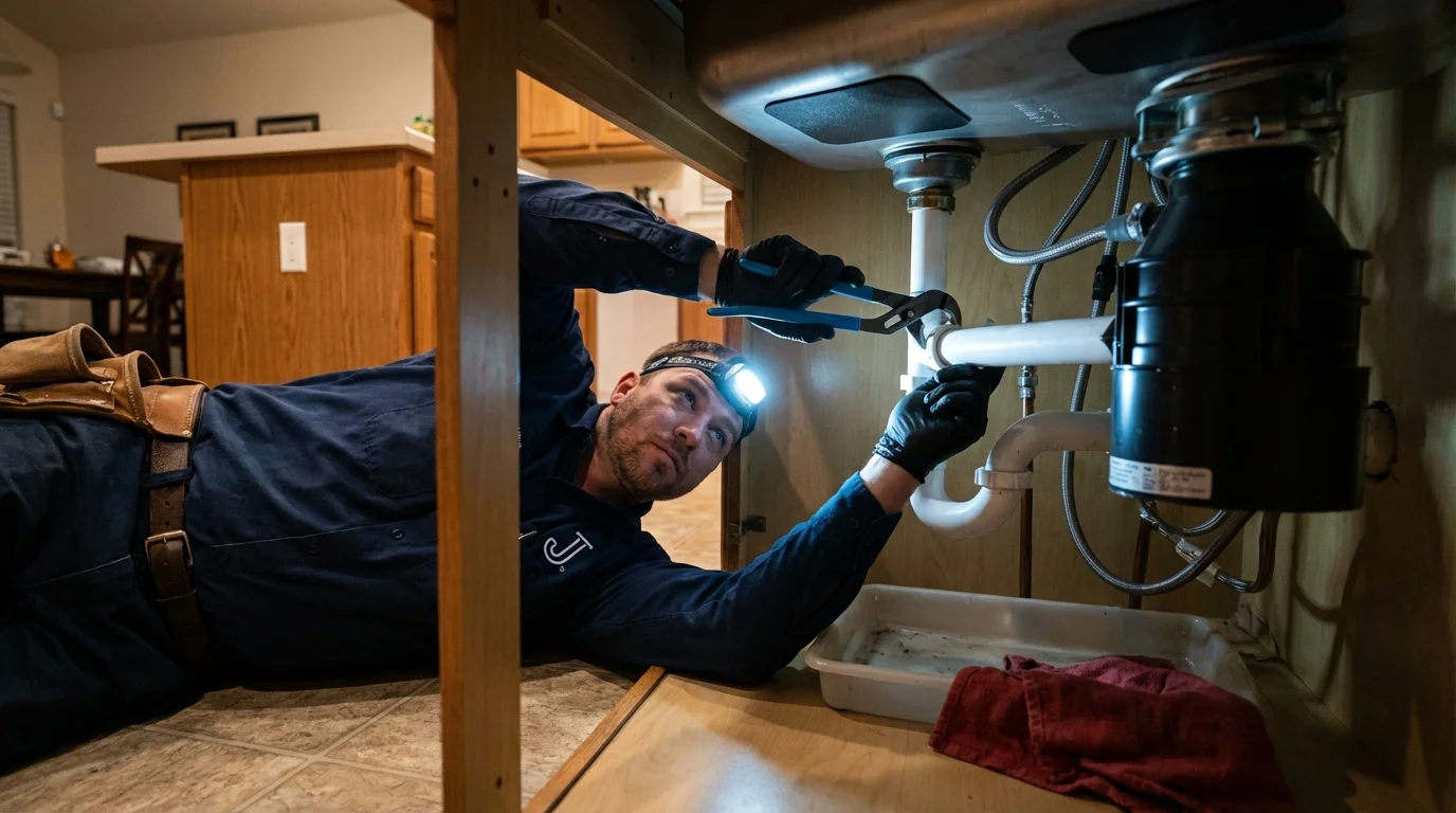 P-trap and supply line connections under a kitchen sink showing a common leak point in Cochranton, PA